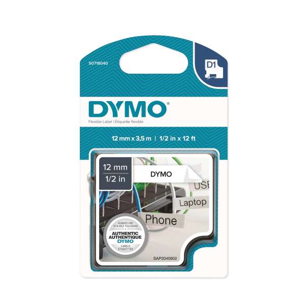 DYMO S0718040 - картридж D1 с нейлоновой лентой (белая, шрифт черный), 12 мм х 3,5 м