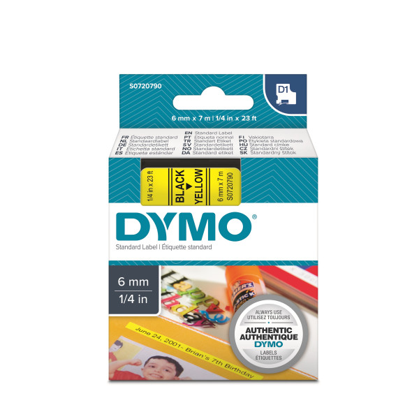 DYMO S0720790 - картридж D1 с лентой (желтая, шрифт черный), 6 мм х 7 м (5 штук в упаковке)