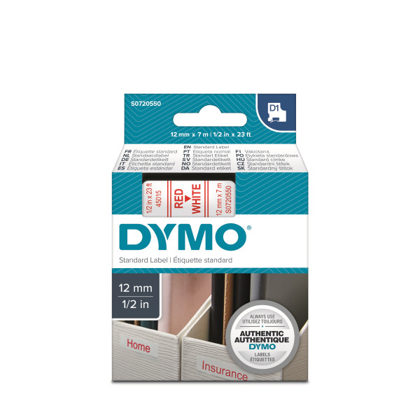 DYMO S0720550 - картридж D1 с лентой (белая, шрифт красный), 12 мм х 7 м (5 штук в упаковке)