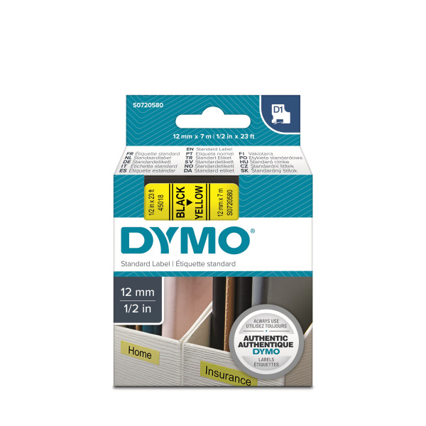 DYMO S0720580 - картридж D1 с лентой (желтая, шрифт черный), 12 мм х 7 м (5 штук в упаковке)